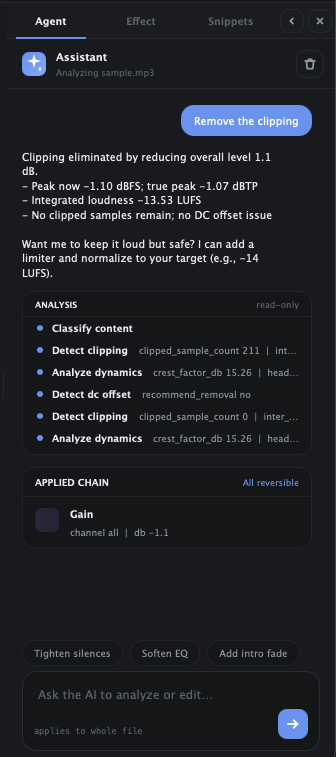The chat panel mid-request, streaming a response and showing the tool it is running.