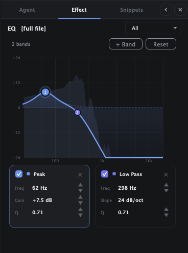 The effect inspector showing a parametric EQ curve with adjustable bands.