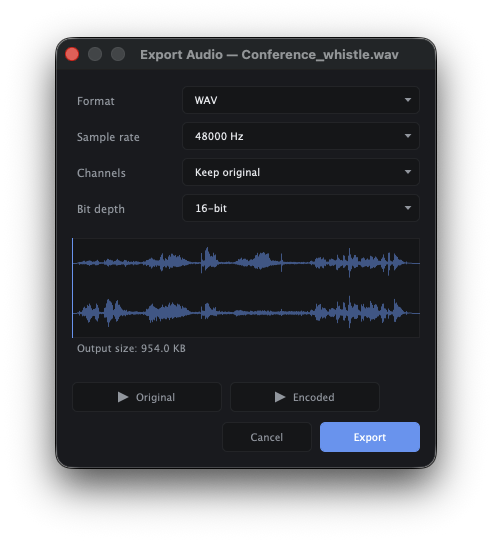 The export dialog showing format, bit depth, sample rate, and an A/B preview of original vs encoded.