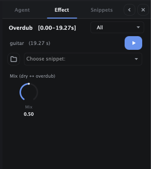 The Overdub effect editor with a source picker (load file / choose snippet), a dry/wet mix slider, and an audition button.
