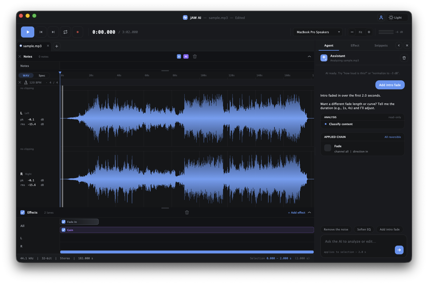 The JAW AI main window with a waveform open and the AI chat panel on the right.
