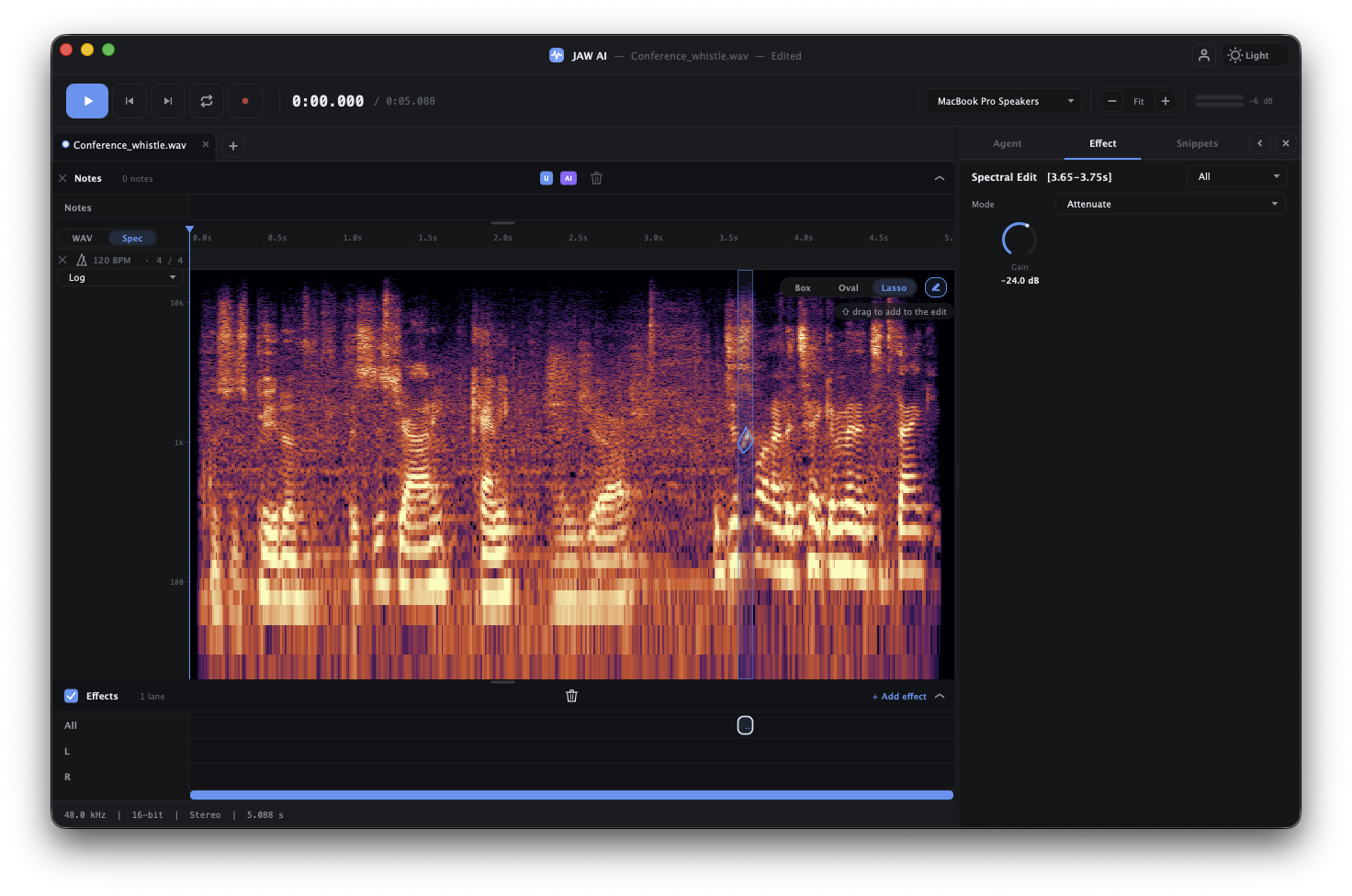 The timeline switched to the spectrogram view, showing frequency content over time.